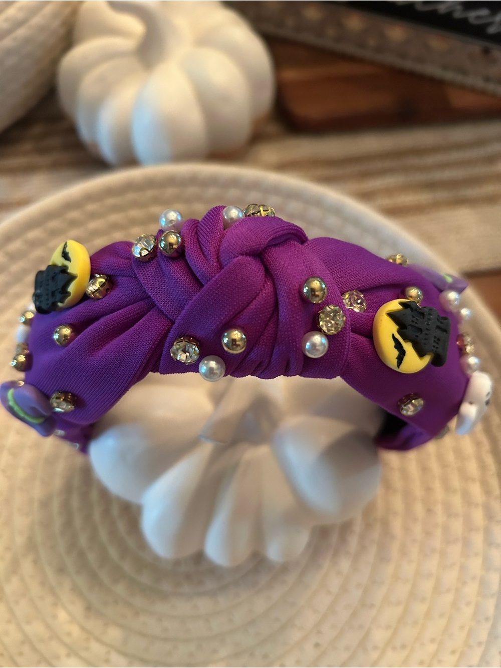 Knotted Purple Girls Headband with Pearls, Rhinestones & Halloween Charms